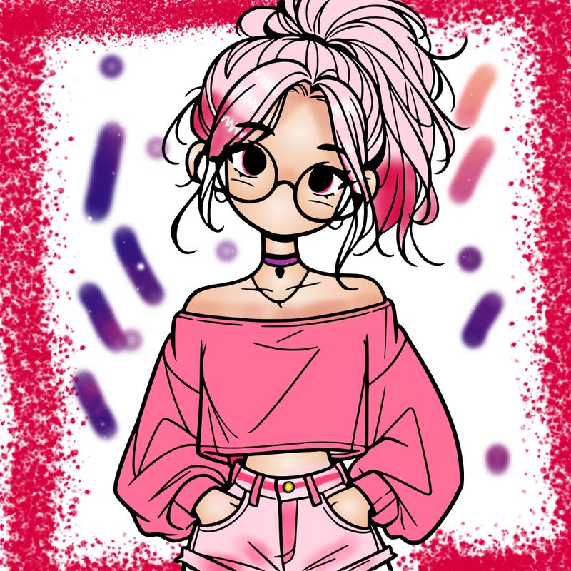 girl with a messy ponytail glasses a baggy crop top and jean shorts