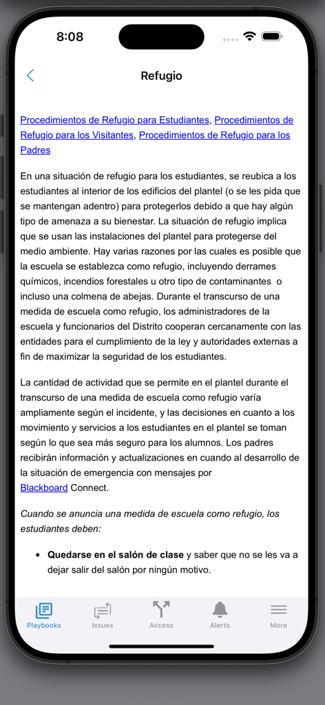 LAUSD EM - LAUSD EM app screenshot showing emergency shelter in place procedures in Spanish.