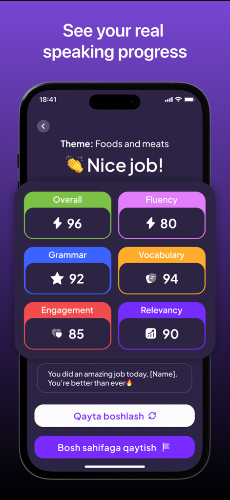 Zehnly AI - Panel de la aplicación Zehnly AI que muestra las puntuaciones de progreso de expresión oral para fluidez, gramática y vocabulario