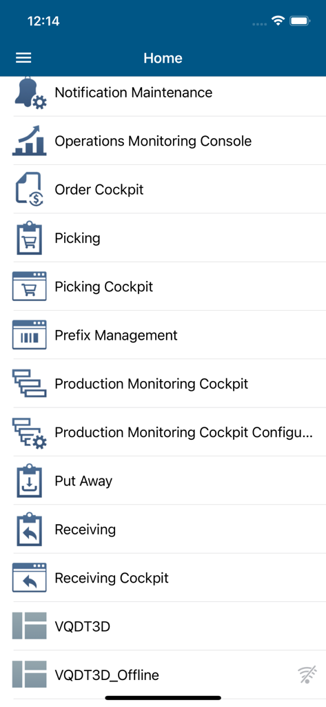 Startbildschirm der DELMIA Apriso mobilen App mit einer Liste von Werkzeugen für das Produktions- und Lieferkettenmanagement wie Produktionsüberwachung und Kommissionierung
