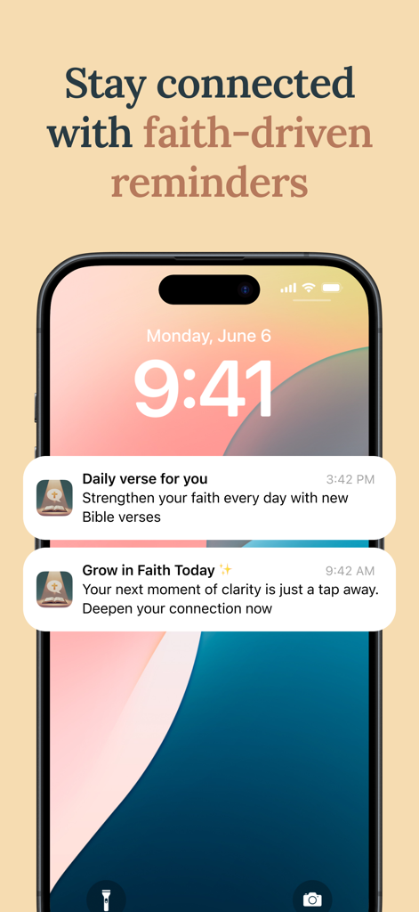Holy Path: Daily Bible Chat - Tela de bloqueio do smartphone exibindo versículos bíblicos diários e notificações de crescimento da fé do aplicativo Holy Path.