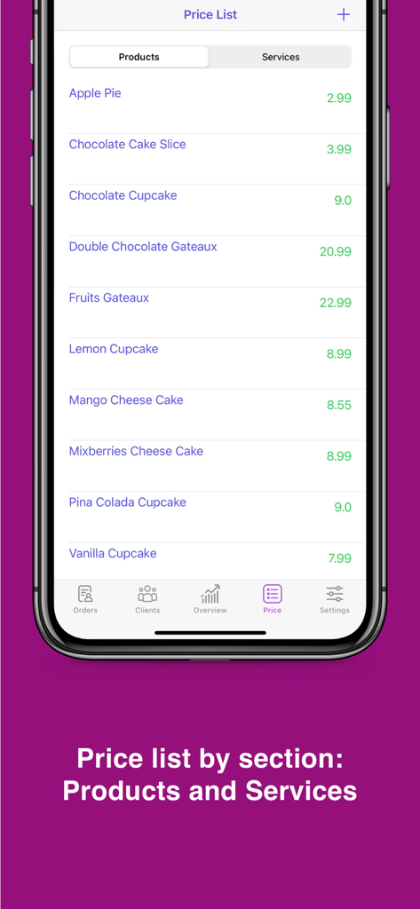 iZ: Orders calculator - Pantalla de lista de precios en la aplicación iZ Orders calculator que muestra categorías de productos y precios