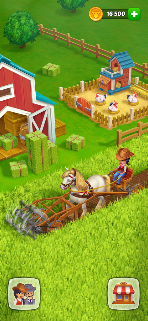 A character driving a horse-drawn carriage to harvest grass on a farm near a red barn and chicken coop