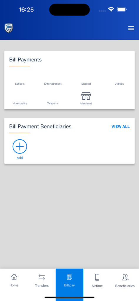 Stanbic Blue247 App - Tela de pagamentos de contas do aplicativo Stanbic Blue247 mostrando categorias para escolas, serviços públicos e pagamentos municipais