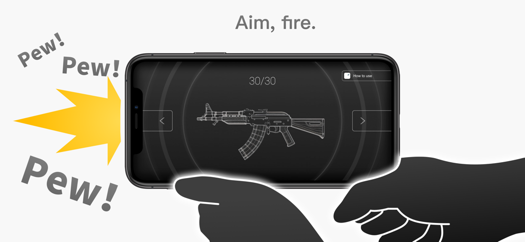 iPhone screen showing an assault rifle simulation with fire effects in the PewPewPew app