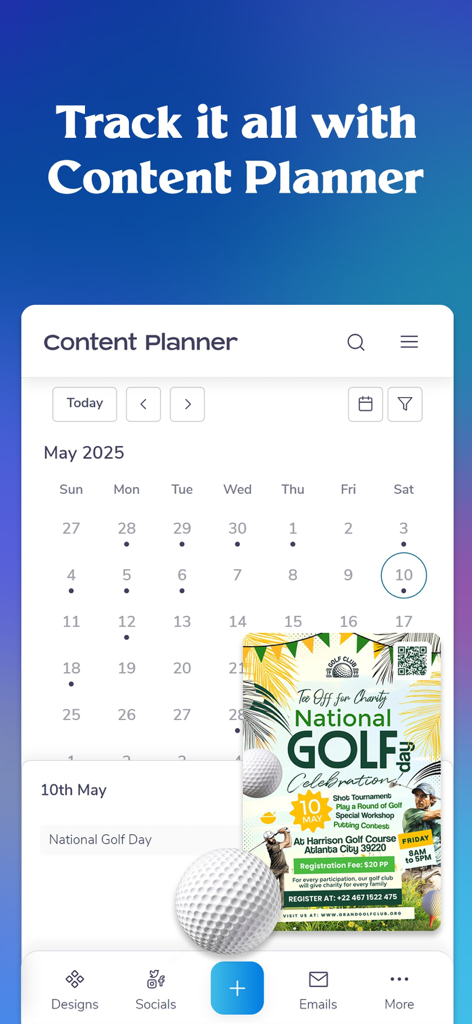 Interfaz de la aplicación móvil PosterMyWall mostrando la función de planificador de contenido y calendario de marketing con una publicación programada en redes sociales.