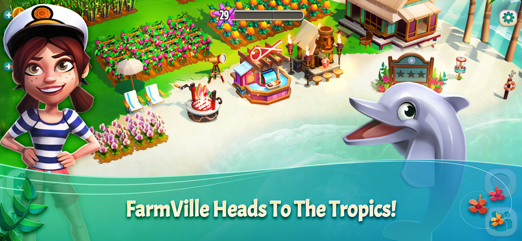 FarmVille 2: Tropic Escape - FarmVille 2 Tropic Escape gameplay showing a tropical beach with a dolphin and island resort