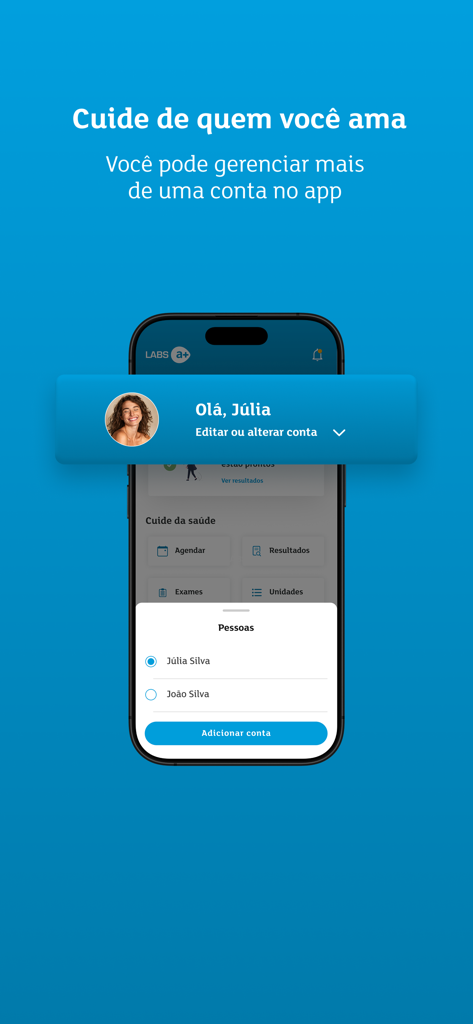 Labs a+ - Interfaz de la aplicación Labs a plus que muestra la función para gestionar perfiles de salud de varios miembros de la familia en una sola cuenta.