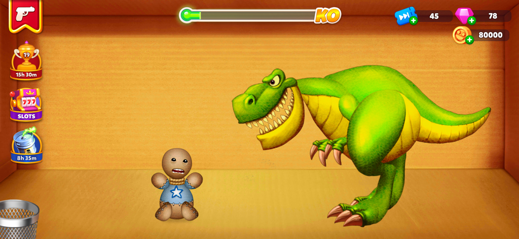 Kick the Buddy: Second Kick - 종이 상자 방에서 거대한 녹색 T-렉스를 마주한 버디 래그돌 캐릭터