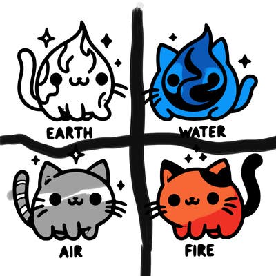 4 cats that represent the different elements, earth, water, air, and fire