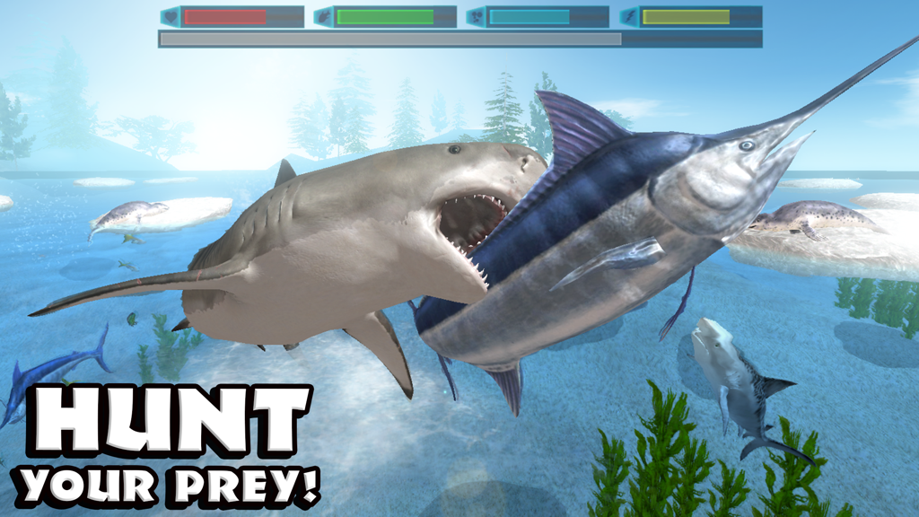 A large shark hunting a marlin underwater in the Ultimate Shark Simulator game