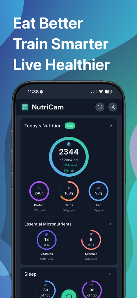 NutriCam app dashboard displaying daily calories, macronutrients, and micronutrient progress.