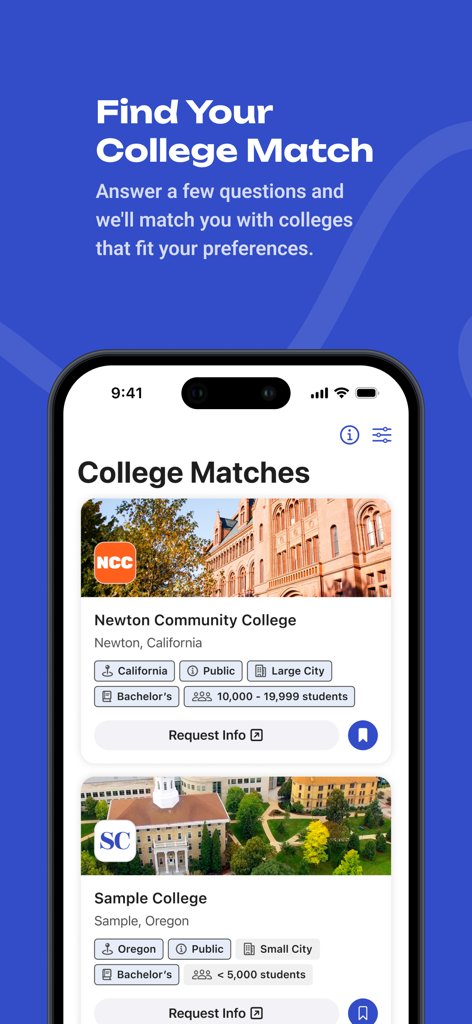 Interface of the BigFuture School app showing personalized college recommendations for high school students