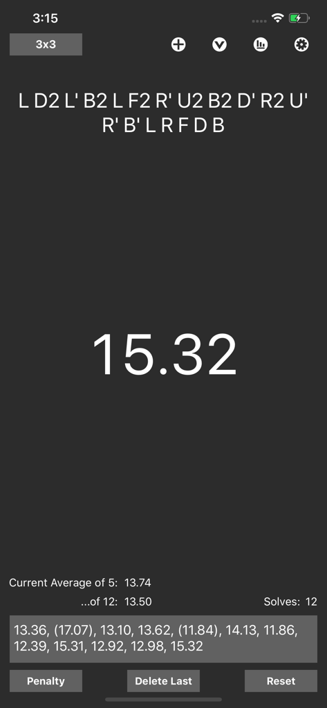 Five Timer - Five Timer app interface showing a 15.32 second solve time with 3x3 scramble and session statistics