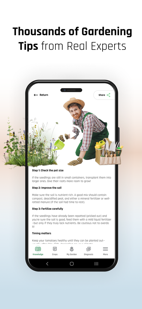 PLANTIS - Plants care - Plantis 앱 화면이 전문가의 원예 조언과 단계별 식물 관리 지침을 보여줍니다.