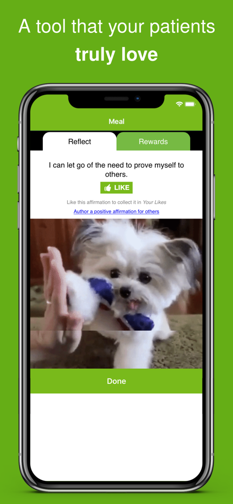 Nourishly app interface showing a positive patient affirmation with a cute dog photo