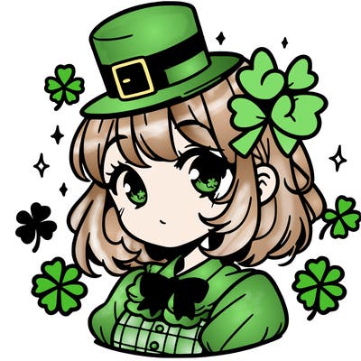 a manga-style girl with clovers around her, a little hat in her hair, like it's saint patrick's day
