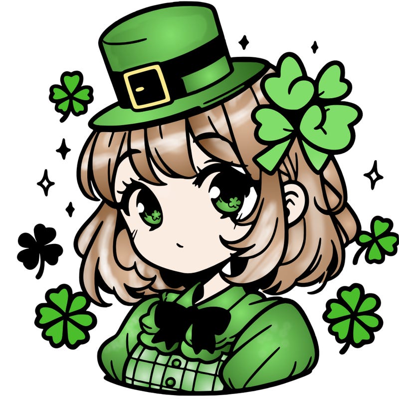 a manga-style girl with clovers around her, a little hat in her hair, like it's saint patrick's day