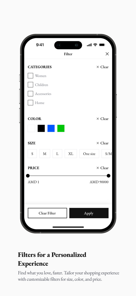 Sir Qochar - A mobile interface showing customizable shopping filters for category size color and price in the Sir Qochar app