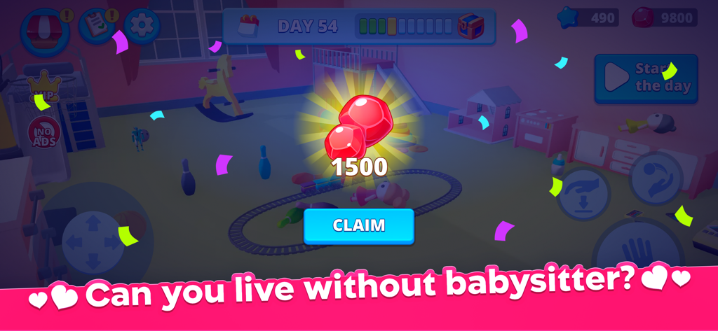 Mother Life & Baby Simulator - In-game screenshot of Mother Life and Baby Simulator showing a reward of 1500 gems in a virtual nursery.