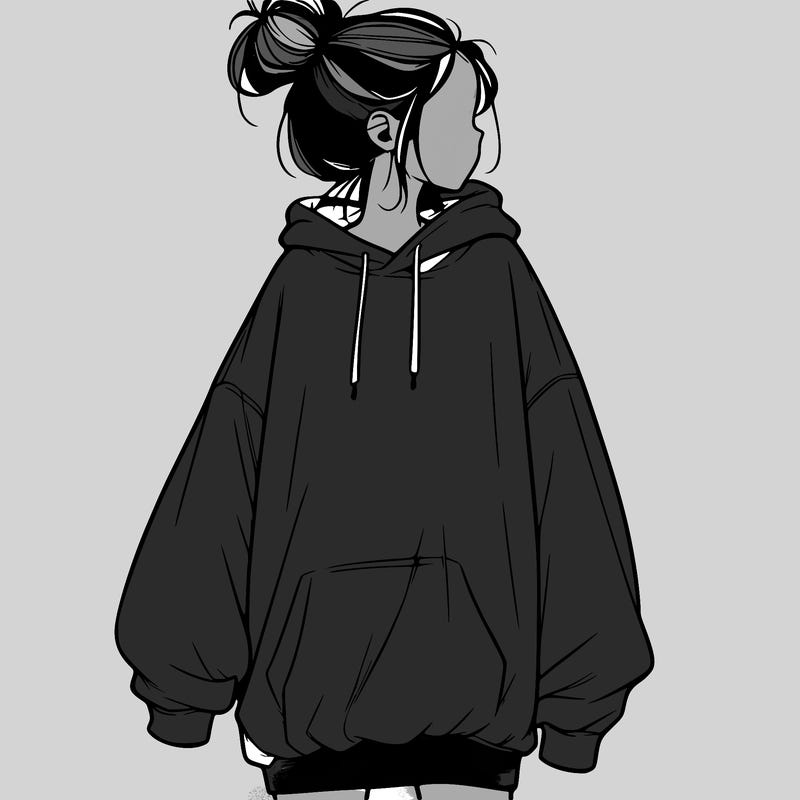 realistic girl with a oversized sweatshirt on and a bun