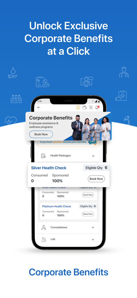 Habit Health - Habit Healthモバイルアプリインターフェース。法人向けウェルネス特典と健康診断パッケージを表示。