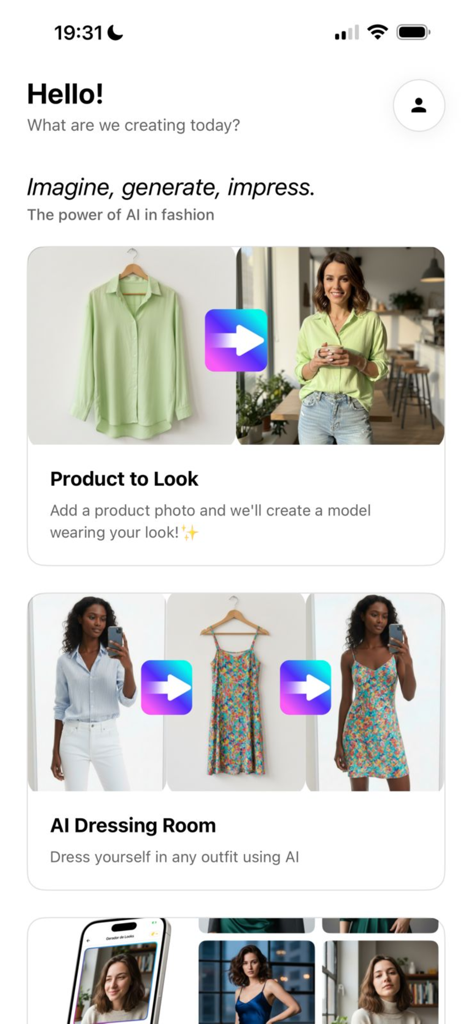 GenLook AI app interface showcasing Product to Look and AI Dressing Room features.