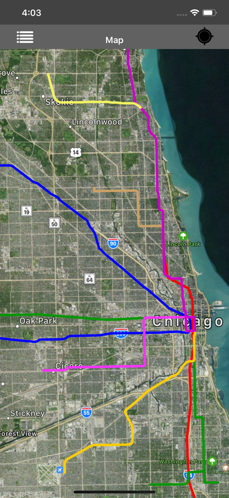 Kml to Kmz-Kmz to Kml app - Satellitenkarte von Chicago mit mehrfarbigen KML-Routenüberlagerungen