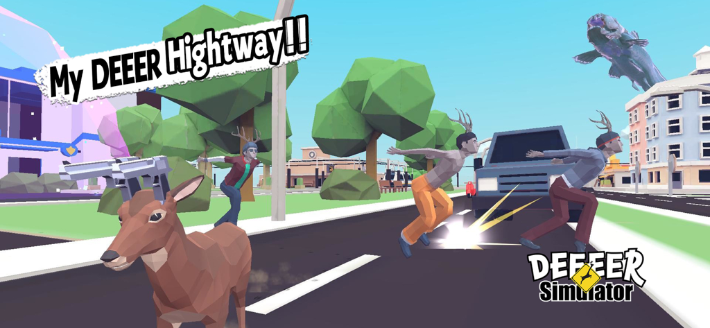 A low-poly deer with guns on its antlers walking on a city highway in DEEEER Simulator