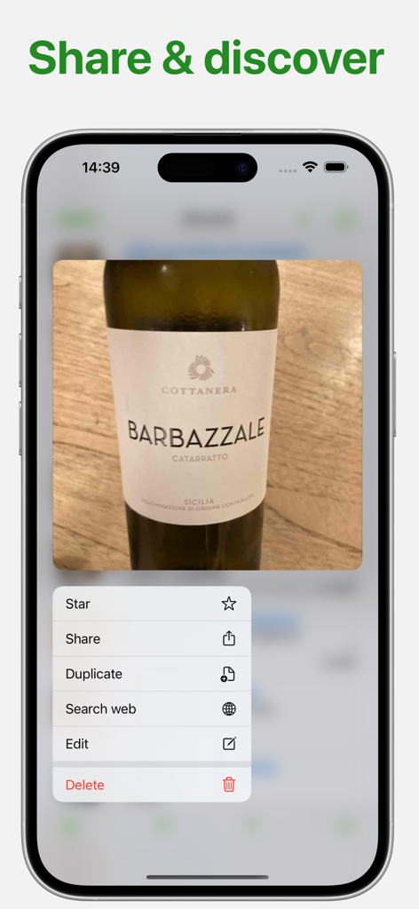 Wines - wine notes V2 - A mobile screen showing a wine label with a popup menu containing options to share star and search the web.
