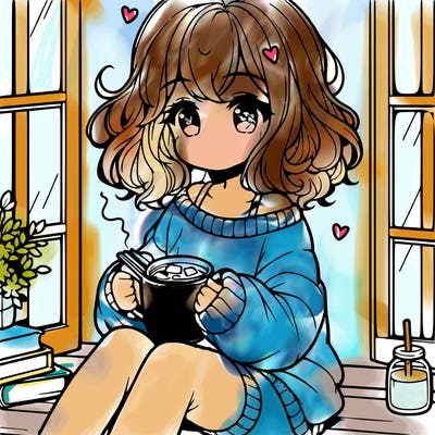 cute anime girl reading book and drinking hot chocolate from mug with loose wavy hair wearing a baggy sweatshirt and shorts sitting by windowsill looking out