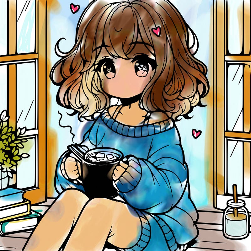 cute anime girl reading book and drinking hot chocolate from mug with loose wavy hair wearing a baggy sweatshirt and shorts sitting by windowsill looking out