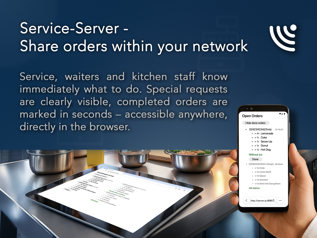 Um iPad e um smartphone exibindo pedidos sincronizados de comida e bebida em tempo real em uma rede local para a equipe da cozinha do evento.