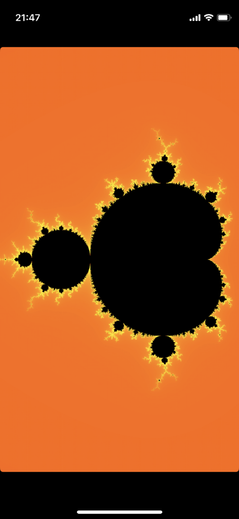 Um conjunto fractal de Mandelbrot renderizado no aplicativo de programação BBCBasic com um fundo laranja.