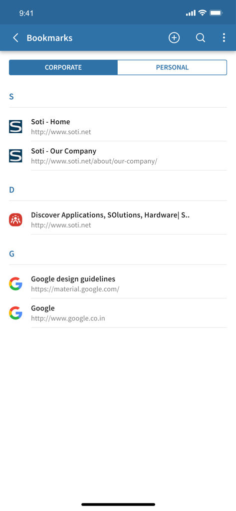 SOTI Surf - SOTI Surf app showing the bookmarks screen with separate tabs for corporate and personal links