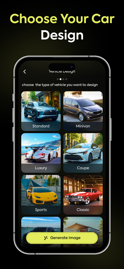 AI Car Designer Modify Style - Mobile app interface showing car category selection including sports luxury and classic models for AI modification