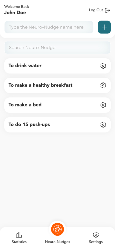 Neuro-Nudge - Interface do aplicativo Neuro Nudge mostrando uma lista de tarefas diárias para construir força de vontade, como exercícios e hábitos saudáveis