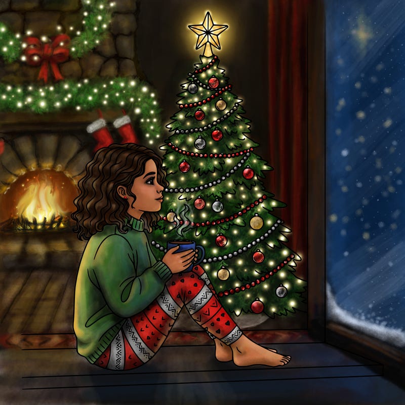 a girl sitting in the window with a cofee and behind she is a chrismas tree
