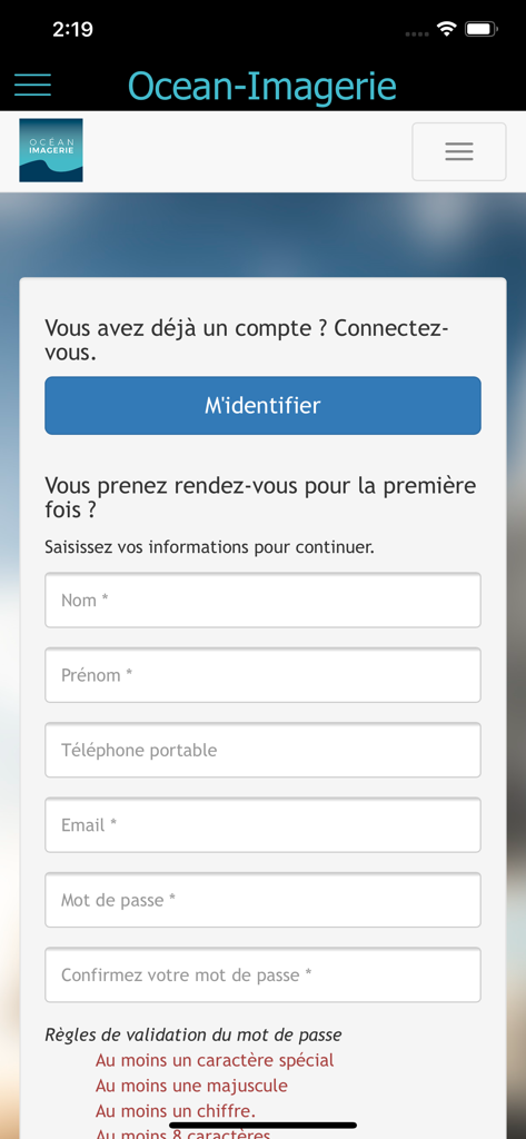 Ocean Imagerie app registration screen showing a form to create a new patient account for booking medical appointments