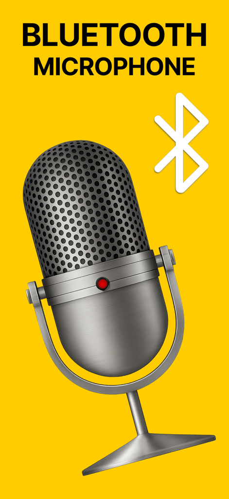 Bluetooth Microphone FX Pro - A vintage silver microphone illustration with a Bluetooth symbol on a bright yellow background