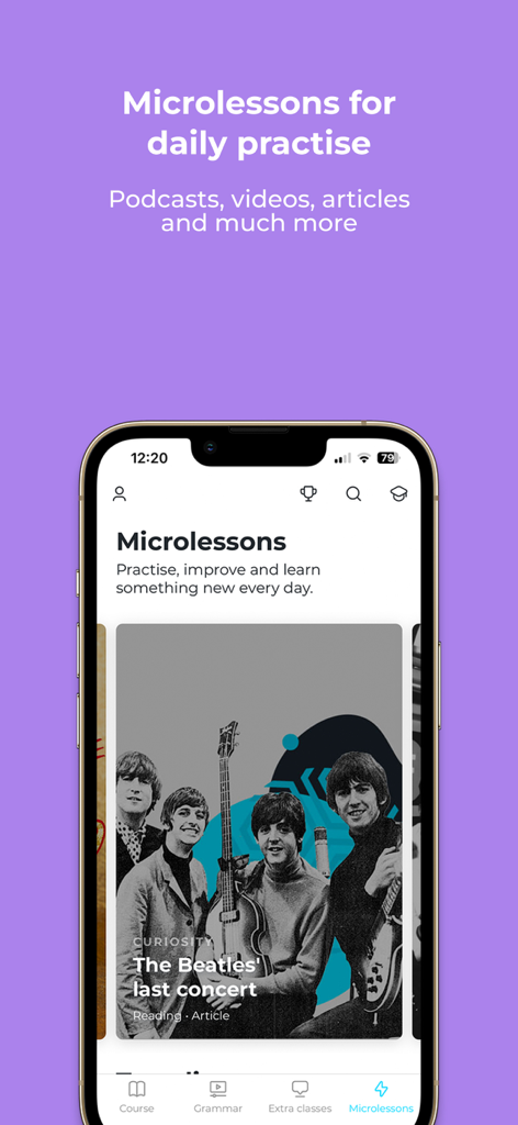 Captura de pantalla de la aplicación ABA English que muestra la función de microlessons para práctica diaria con artículos y videos.