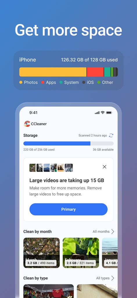 Interfaz de la aplicación CCleaner que muestra el uso del almacenamiento del iPhone y una sugerencia para eliminar videos grandes y liberar espacio
