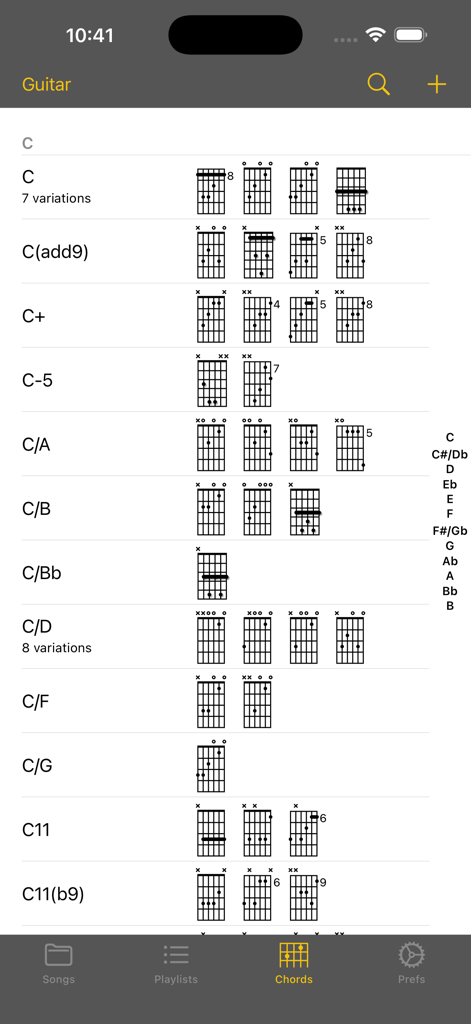 Libreria completa di accordi per chitarra che mostra molteplici diteggiature e variazioni per gli accordi di Do nell'app SongBook.