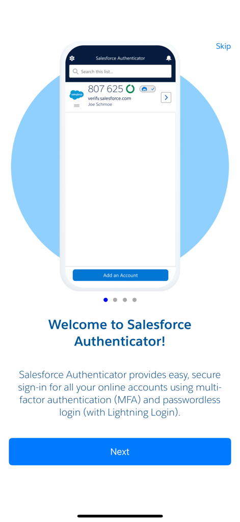Welcome screen of the Salesforce Authenticator app highlighting multi-factor authentication and passwordless login features