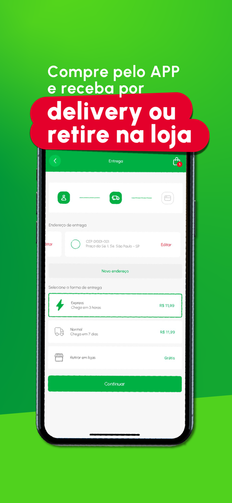 Farmácia Preço Popular - Pantalla de selección de opciones de entrega y recogida en tienda en la app móvil Farmacia Preco Popular