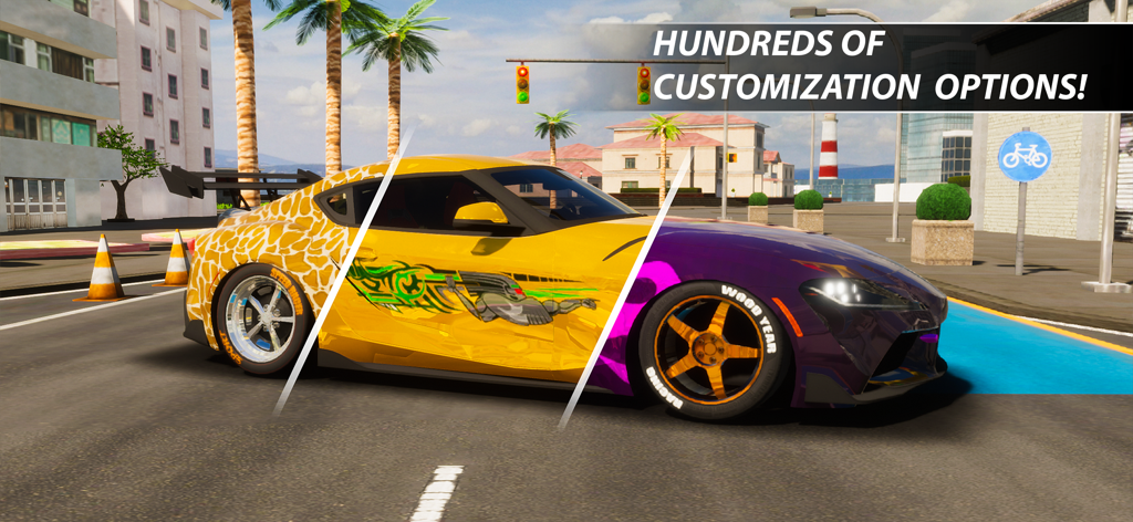 Real Car Parking : Multiplayer - Un coche deportivo dividido en tres secciones que muestran diferentes colores de pintura, calcomanías y estilos de personalización de llantas