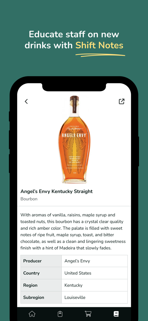 Backbar - Backbar app interface showing beverage tasting notes and producer details for bar staff education