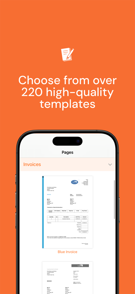 Templates for Pages Pro - Ein iPhone-Bildschirm, der eine blaue Rechnungsvorlage in der App Vorlagen für Pages Pro anzeigt