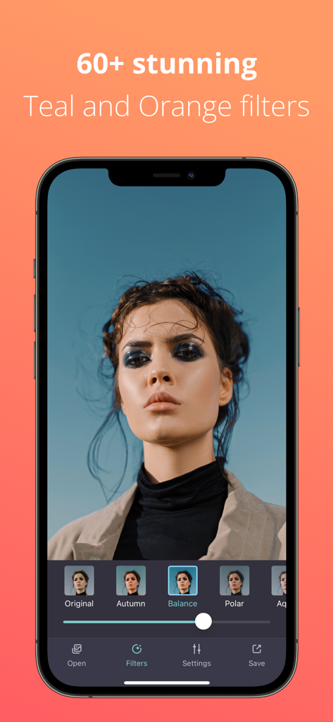 Teo - Teal and Orange Filters - A smartphone screen displaying the Teo app interface with a portrait photo being edited using cinematic teal and orange filters