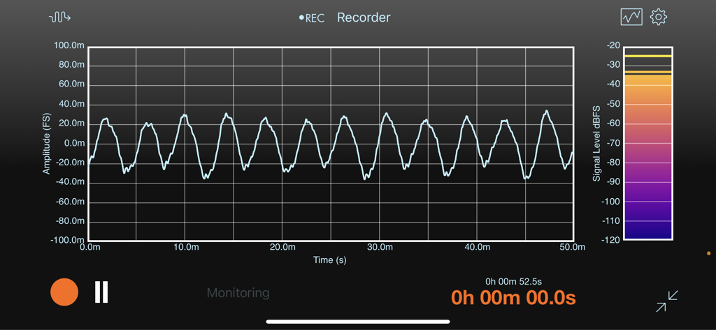 SoundMeter X - Echtzeit-Wellenformgraph und Signalpegelmessgerät in der SoundMeter X Recorder-Oberfläche